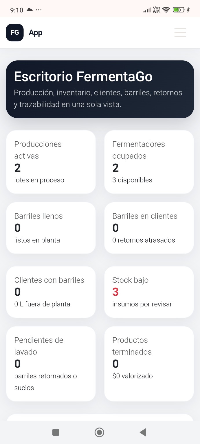 Dashboard real de FermentaGo en celular