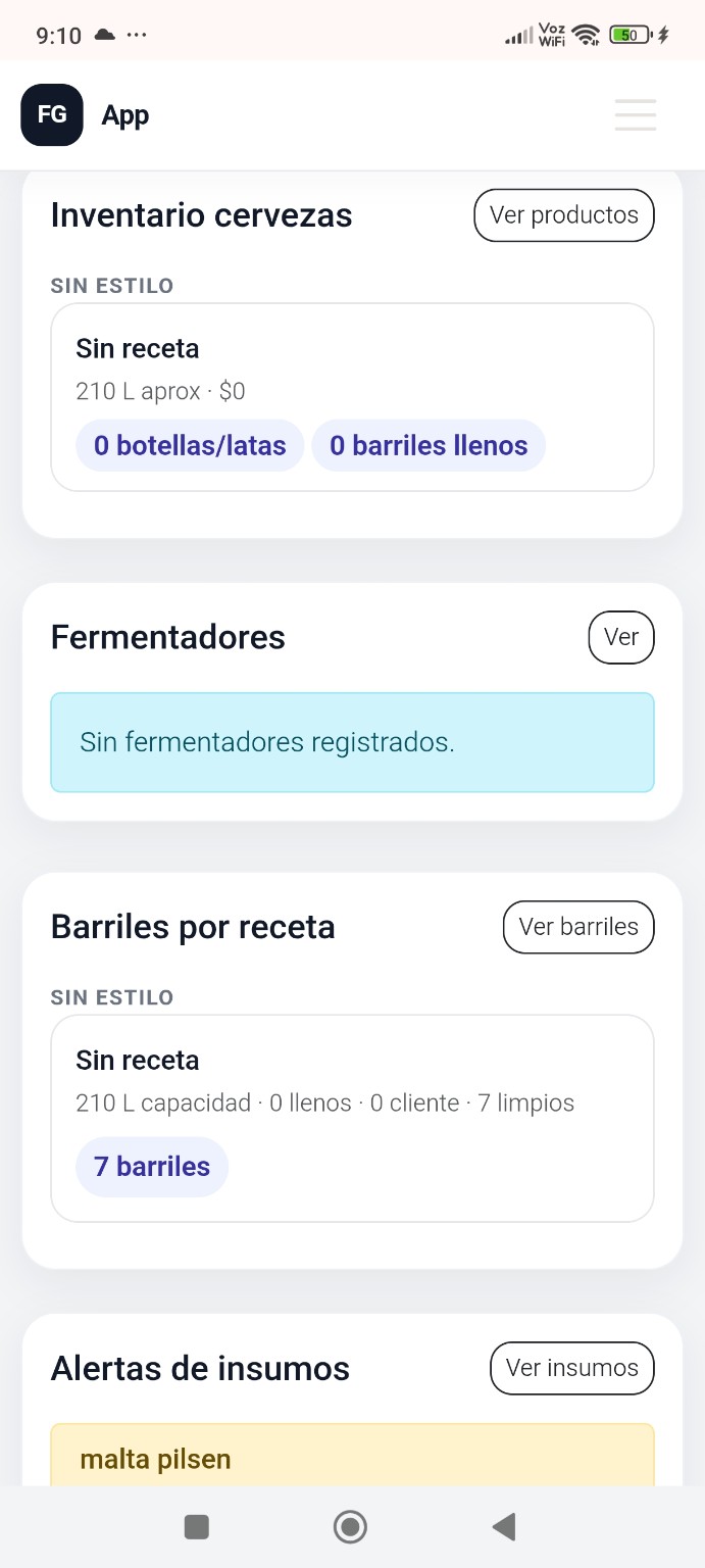 Pantalla real de inventario, fermentadores y barriles de FermentaGo